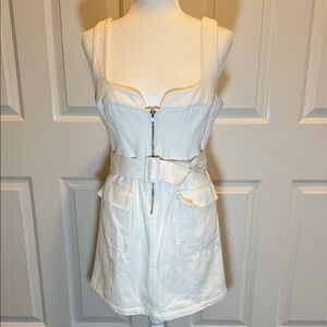 L’Academie White Square-neck Sleeveless Zip-Up Jean Dress with Belt Size M